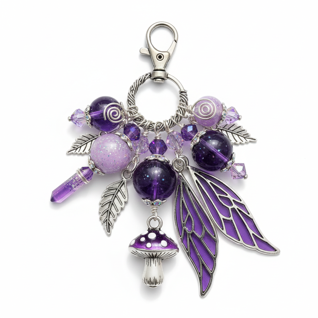 Pixie's Dust bag charm with deep purple and silver mystical beads